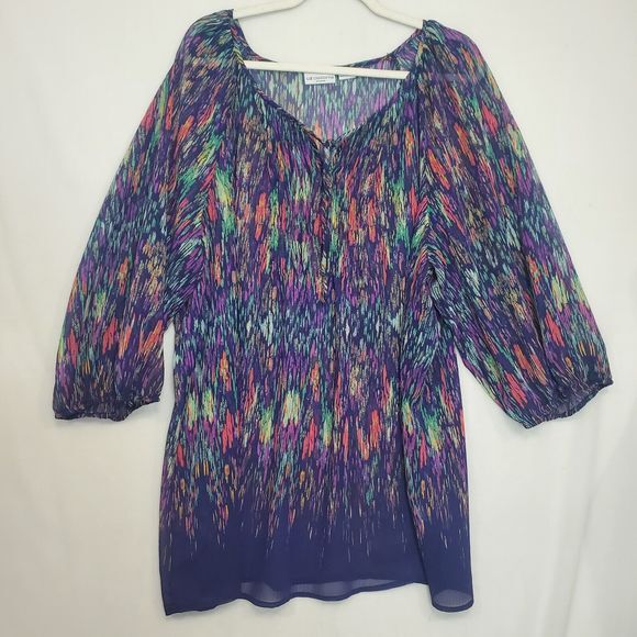 Liz‎ Claiborne Tunic Top Sheer Peasant Sleeve Multicolor Purple Women 3X Boho - Picture 1 of 8